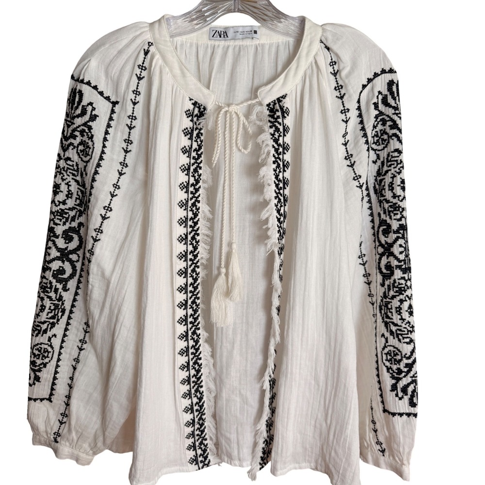 ZARA Embroidered Peasant Blouse Women S White Black Cotton Boho Tassel Top
